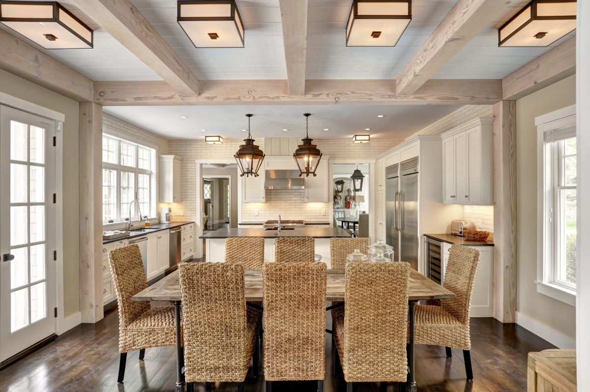 Contemporary spaces can incorporate beams that are lighter in color for a totally different look.