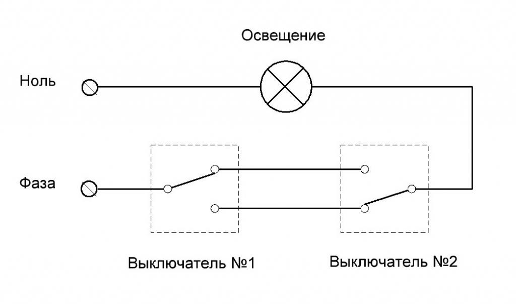 Схема подключения проходного выключателя с места
