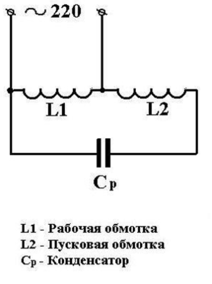 Рабочая пусковая обмотка однофазного двигателя. Схема подключения однофазного двигателя с пусковой обмоткой. Схема обмоток однофазного электродвигателя 220в с конденсатором. Схема соединения электродвигателя с пусковой и рабочей обмоткой. Схема однофазного двигателя с пусковой обмоткой и конденсатором.