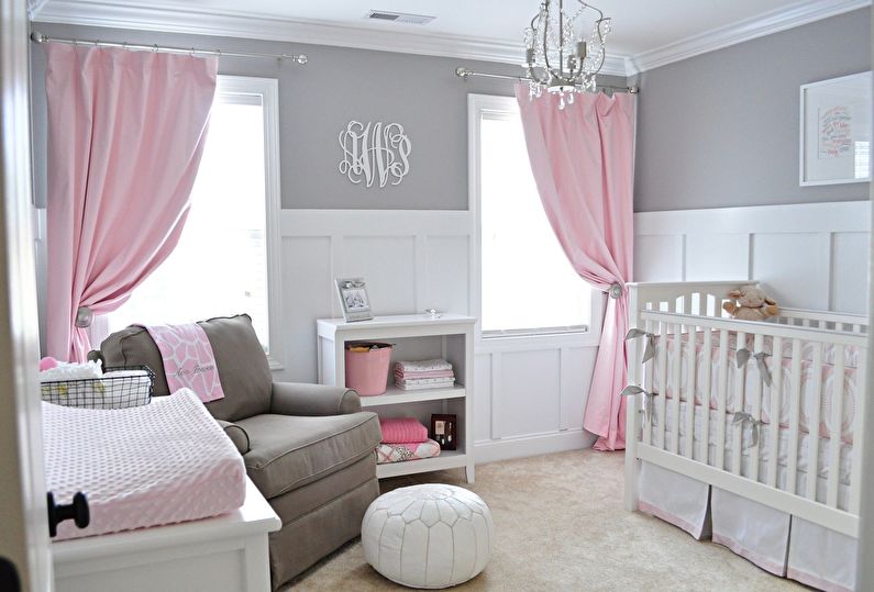Сочетание цветов в интерьере детской комнаты - серый с розовым и белым