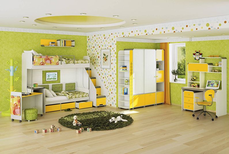 Сочетание цветов в интерьере детской комнаты - зеленый с желтым и белым
