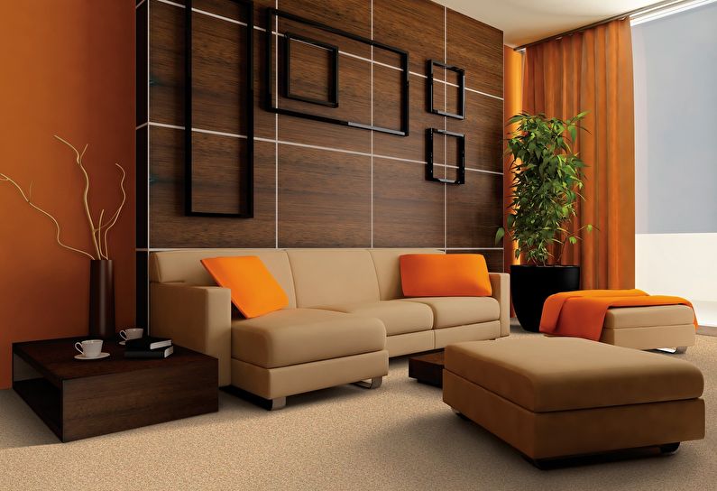 Сочетание цветов в интерьере гостиной - коричневый с оранжевым и бежевым