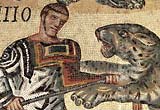 Image showing a detail of gladiator and leopard from a Roman mosaic